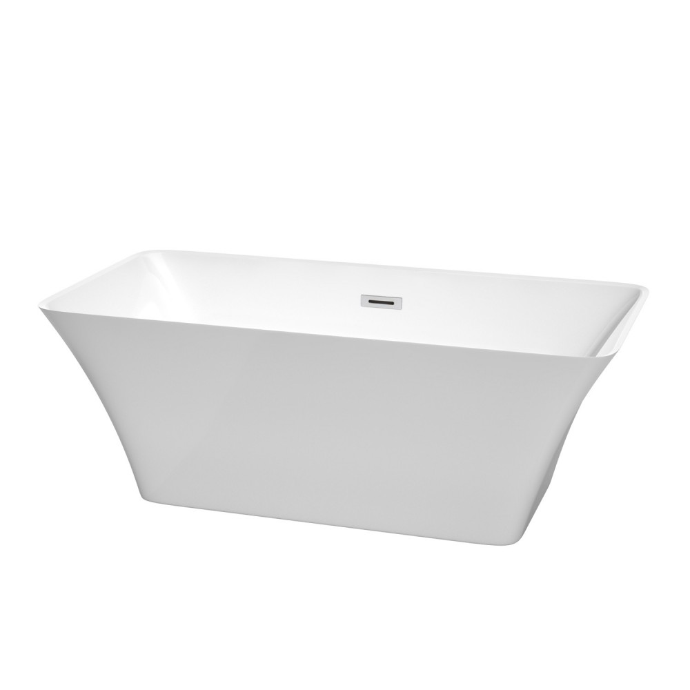 59 Inch Freestanding Bathtub in White, Polished Chrome Drain and Overflow Trim