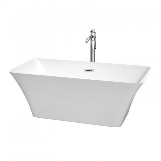 59 Inch Freestanding Bathtub in White, Floor Mounted Faucet, Drain, Trim in Chrome