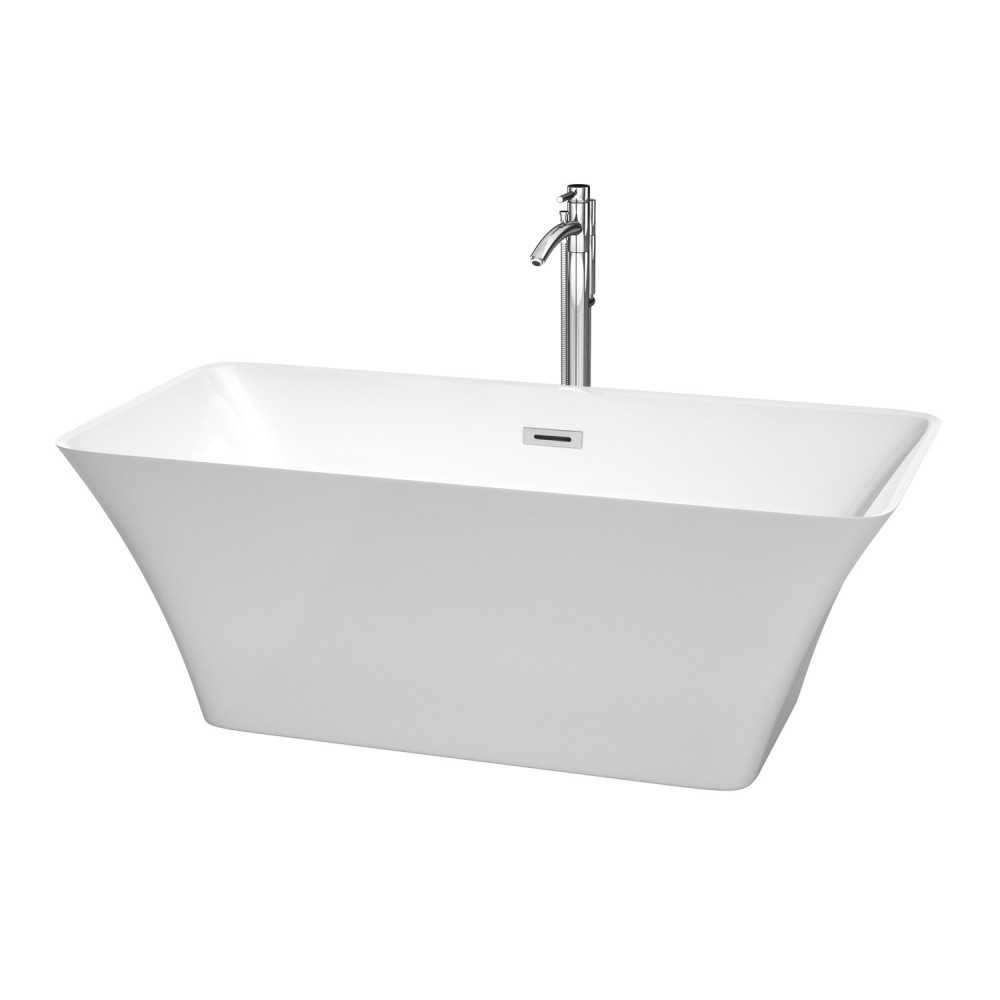 59 Inch Freestanding Bathtub in White, Floor Mounted Faucet, Drain, Trim in Chrome