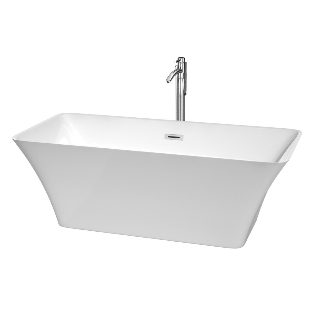 67 Inch Freestanding Bathtub in White, Floor Mounted Faucet, Drain, Trim in Chrome