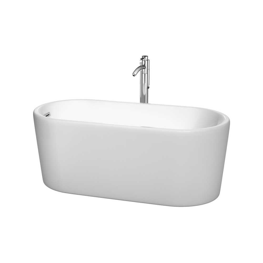 59 Inch Freestanding Bathtub in White, Floor Mounted Faucet, Drain, Trim in Chrome