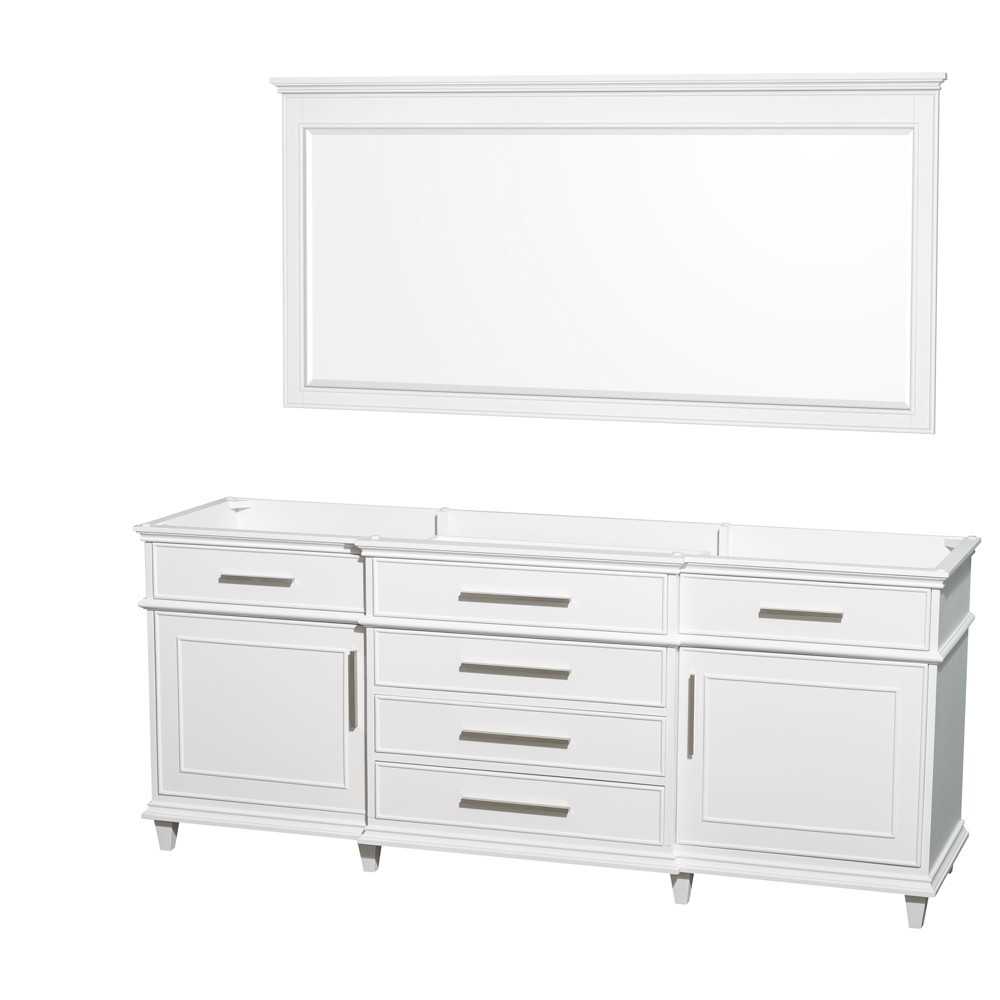 80 Inch Double Bathroom Vanity in White, No Countertop, No Sinks, 70 Inch Mirror