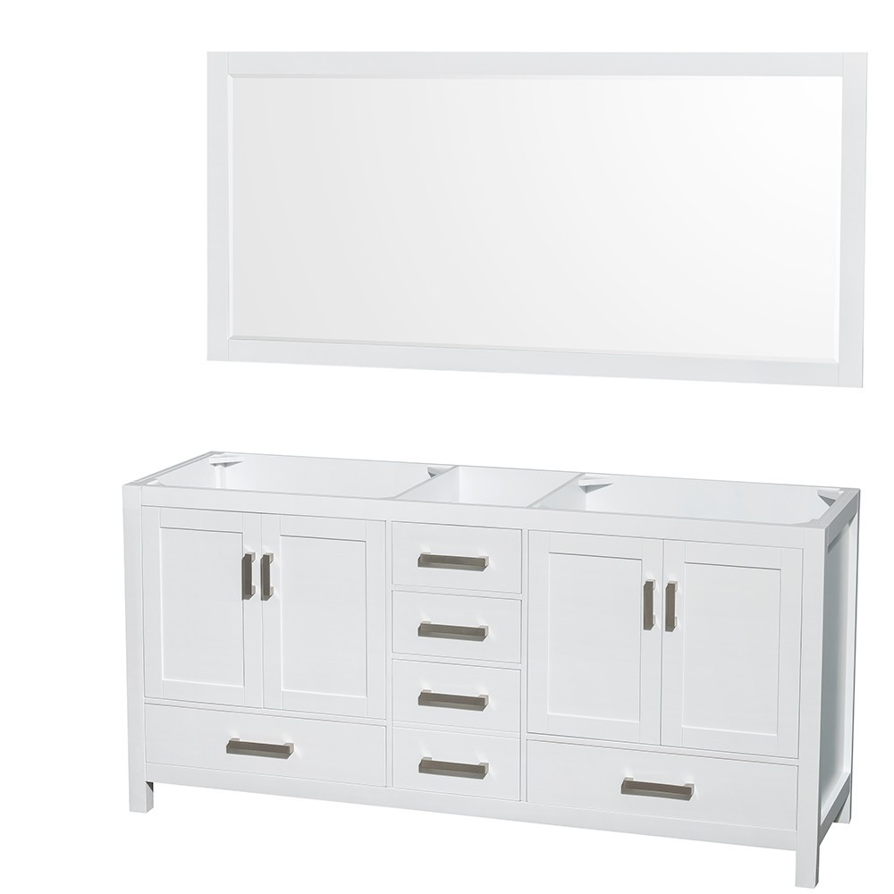 72 Inch Double Bathroom Vanity in White, No Countertop, No Sinks, 70 Inch Mirror