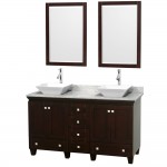 60 Inch Double Bathroom Vanity in Espresso, White Carrara Marble Countertop, Pyra White Sinks, 24 Inch Mirrors