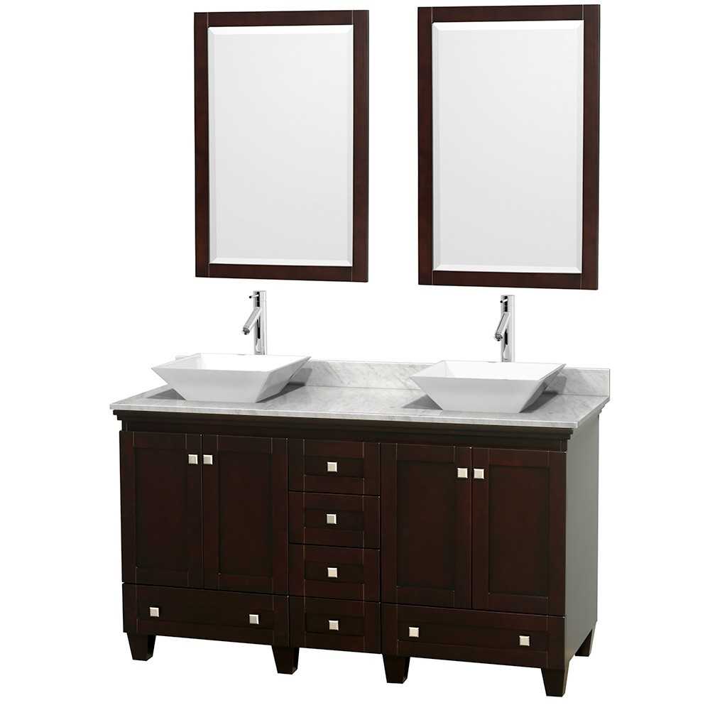 60 Inch Double Bathroom Vanity in Espresso, White Carrara Marble Countertop, Pyra White Sinks, 24 Inch Mirrors