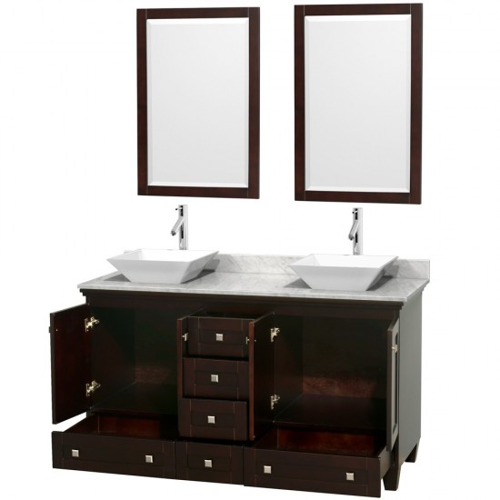 60 Inch Double Bathroom Vanity in Espresso, White Carrara Marble Countertop, Pyra White Sinks, 24 Inch Mirrors