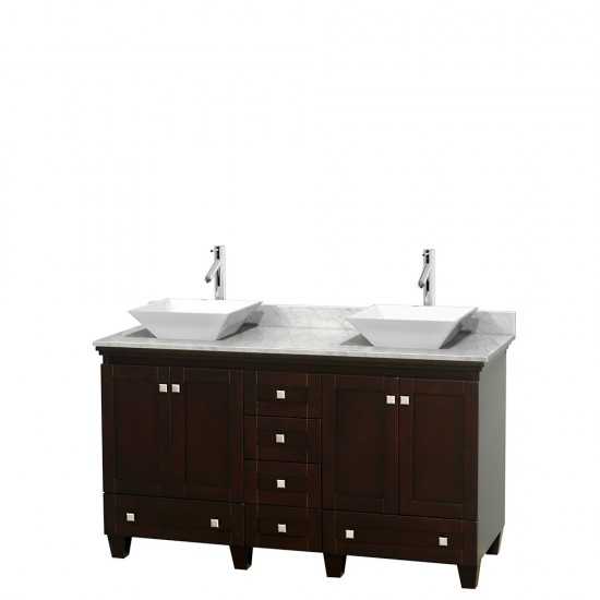 60 Inch Double Bathroom Vanity in Espresso, White Carrara Marble Countertop, Pyra White Sinks, No Mirrors