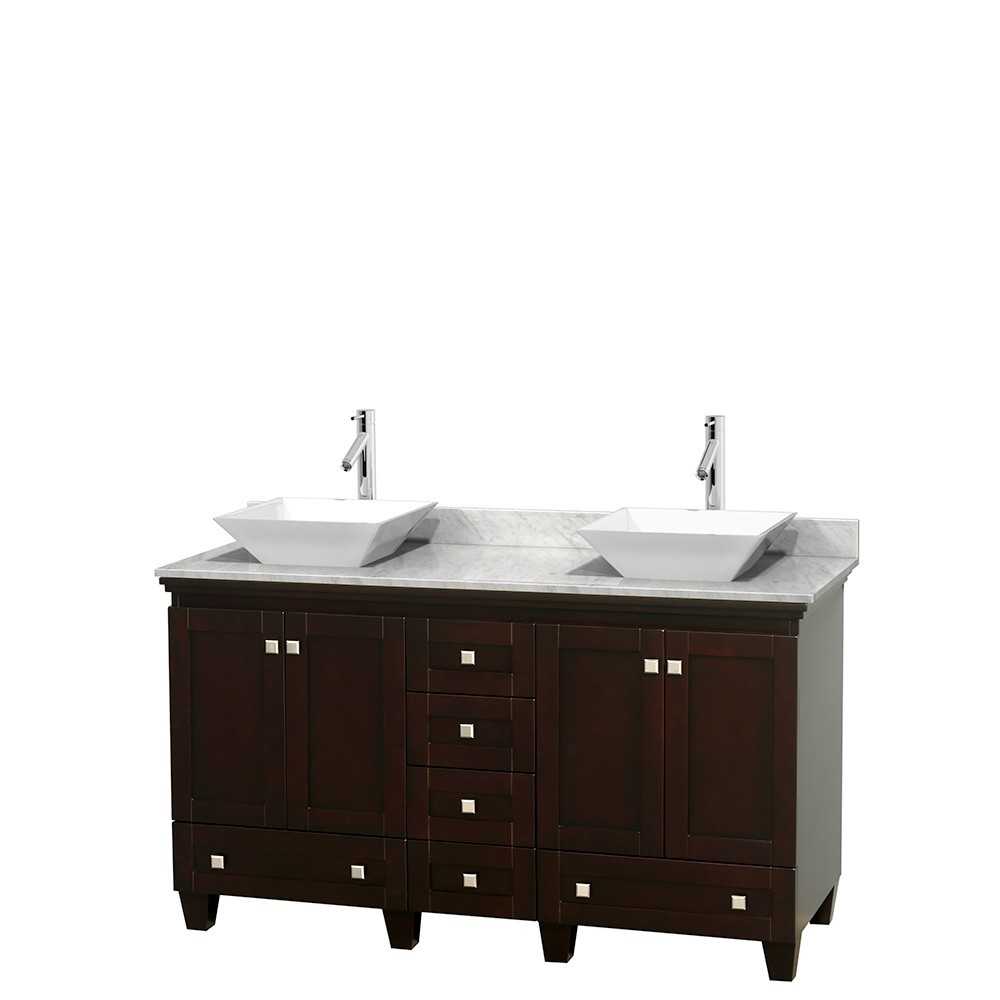 60 Inch Double Bathroom Vanity in Espresso, White Carrara Marble Countertop, Pyra White Sinks, No Mirrors