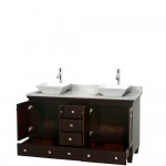 60 Inch Double Bathroom Vanity in Espresso, White Carrara Marble Countertop, Pyra White Sinks, No Mirrors