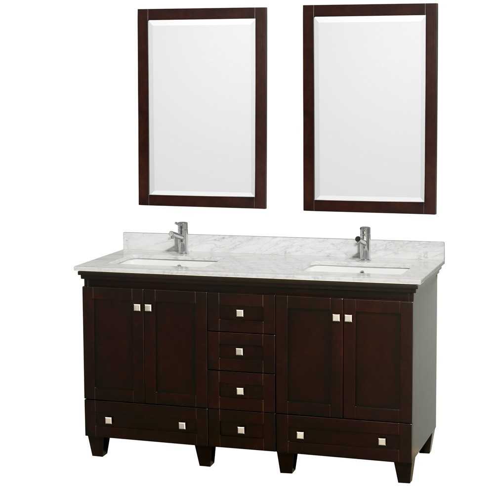 60 Inch Double Bathroom Vanity in Espresso, White Carrara Marble Countertop, Sinks, 24 Inch Mirrors