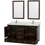 60 Inch Double Bathroom Vanity in Espresso, White Carrara Marble Countertop, Sinks, 24 Inch Mirrors