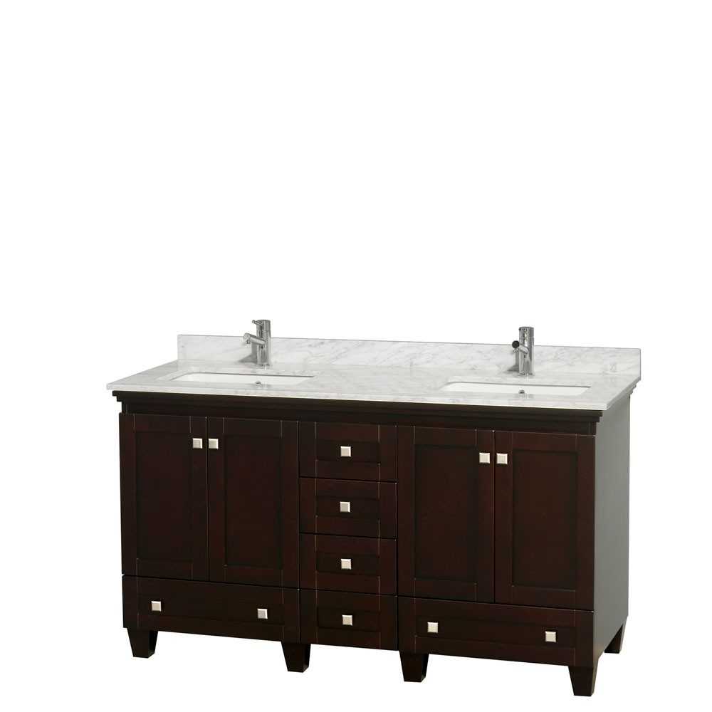 60 Inch Double Bathroom Vanity in Espresso, White Carrara Marble Countertop, Sinks, No Mirrors