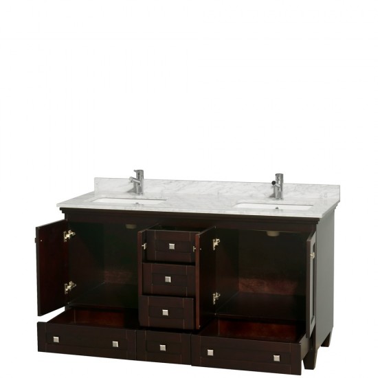 60 Inch Double Bathroom Vanity in Espresso, White Carrara Marble Countertop, Sinks, No Mirrors