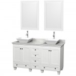 60 Inch Double Bathroom Vanity in White, White Carrara Marble Countertop, Pyra White Sinks, 24 Inch Mirrors