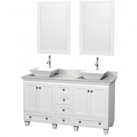 60 Inch Double Bathroom Vanity in White, White Carrara Marble Countertop, Pyra White Sinks, 24 Inch Mirrors