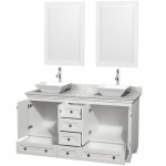 60 Inch Double Bathroom Vanity in White, White Carrara Marble Countertop, Pyra White Sinks, 24 Inch Mirrors