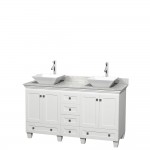 60 Inch Double Bathroom Vanity in White, White Carrara Marble Countertop, Pyra White Sinks, No Mirrors