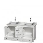 60 Inch Double Bathroom Vanity in White, White Carrara Marble Countertop, Pyra White Sinks, No Mirrors