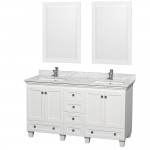 60 Inch Double Bathroom Vanity in White, White Carrara Marble Countertop, Sinks, 24 Inch Mirrors