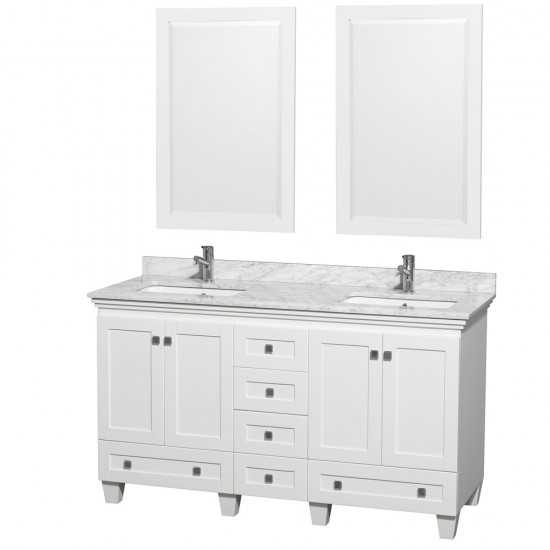 60 Inch Double Bathroom Vanity in White, White Carrara Marble Countertop, Sinks, 24 Inch Mirrors