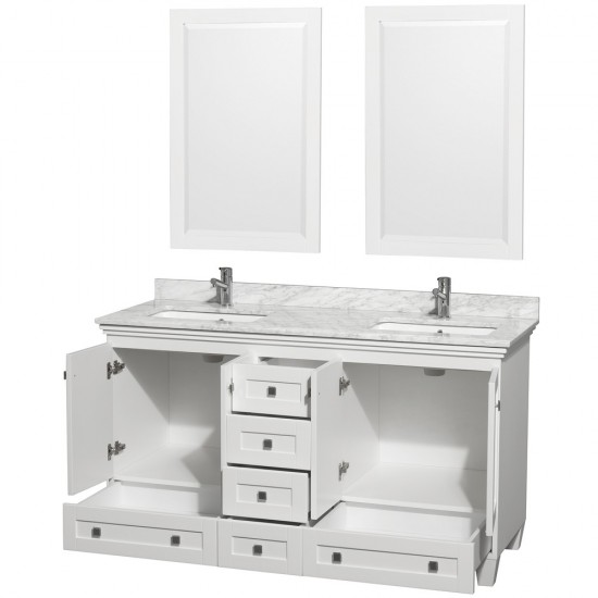 60 Inch Double Bathroom Vanity in White, White Carrara Marble Countertop, Sinks, 24 Inch Mirrors