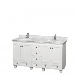 60 Inch Double Bathroom Vanity in White, White Carrara Marble Countertop, Sinks, No Mirrors