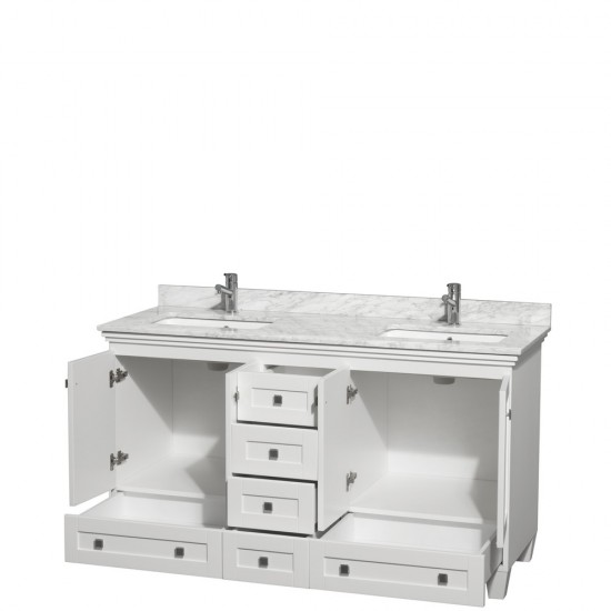 60 Inch Double Bathroom Vanity in White, White Carrara Marble Countertop, Sinks, No Mirrors