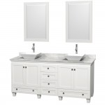 72 Inch Double Bathroom Vanity in White, White Carrara Marble Countertop, Pyra White Sinks, 24 Inch Mirrors