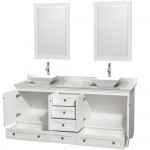 72 Inch Double Bathroom Vanity in White, White Carrara Marble Countertop, Pyra White Sinks, 24 Inch Mirrors