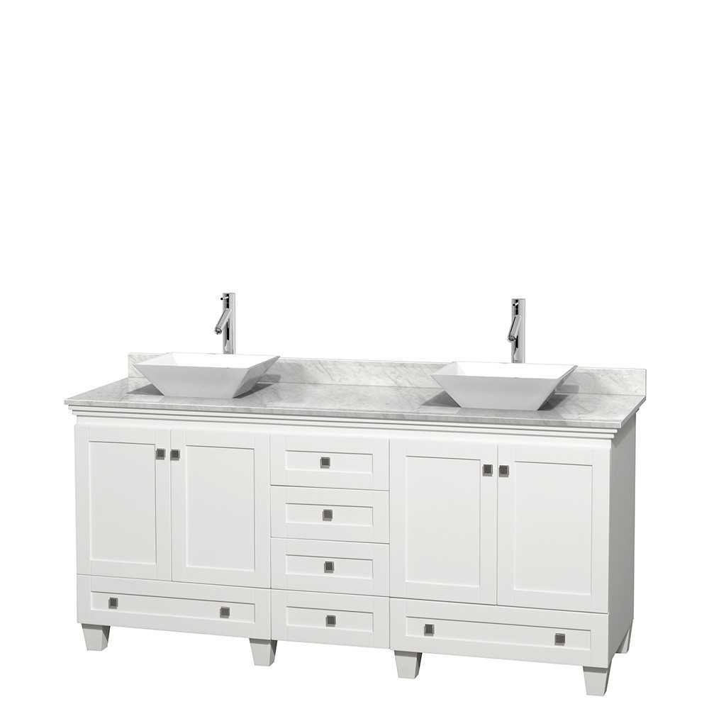 72 Inch Double Bathroom Vanity in White, White Carrara Marble Countertop, Pyra White Sinks, No Mirrors