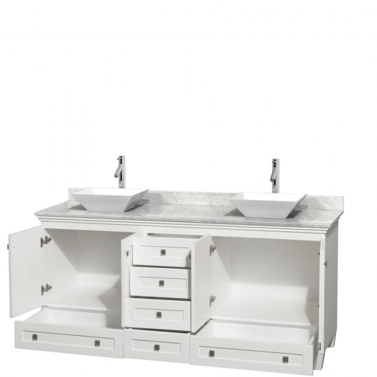 72 Inch Double Bathroom Vanity in White, White Carrara Marble Countertop, Pyra White Sinks, No Mirrors