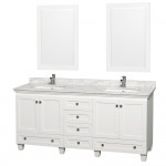 72 Inch Double Bathroom Vanity in White, White Carrara Marble Countertop, Sinks, 24 Inch Mirrors