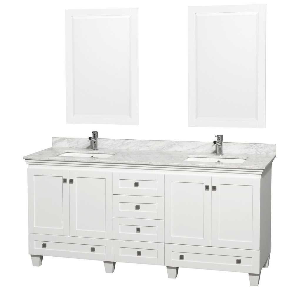 72 Inch Double Bathroom Vanity in White, White Carrara Marble Countertop, Sinks, 24 Inch Mirrors