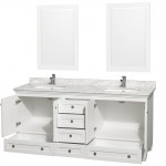 72 Inch Double Bathroom Vanity in White, White Carrara Marble Countertop, Sinks, 24 Inch Mirrors