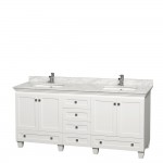 72 Inch Double Bathroom Vanity in White, White Carrara Marble Countertop, Sinks, No Mirrors