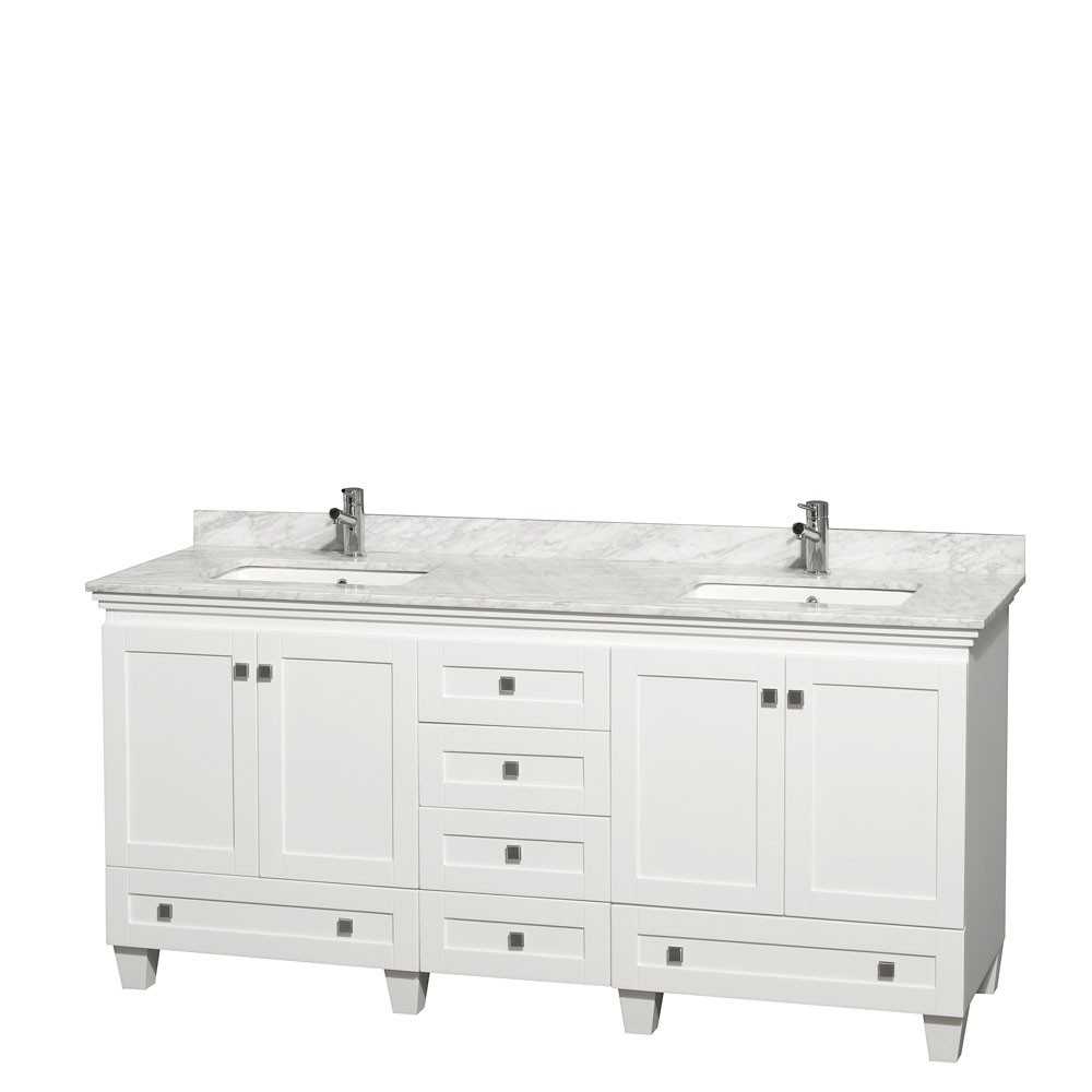 72 Inch Double Bathroom Vanity in White, White Carrara Marble Countertop, Sinks, No Mirrors