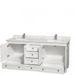 72 Inch Double Bathroom Vanity in White, White Carrara Marble Countertop, Sinks, No Mirrors