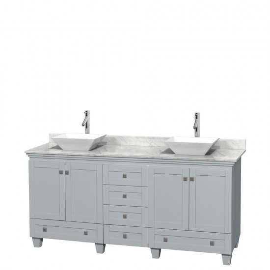 72 Inch Double Bathroom Vanity in Oyster Gray, White Carrara Marble Countertop, Pyra White Porcelain Sinks, No Mirrors