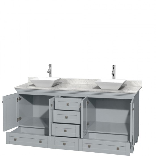 72 Inch Double Bathroom Vanity in Oyster Gray, White Carrara Marble Countertop, Pyra White Porcelain Sinks, No Mirrors