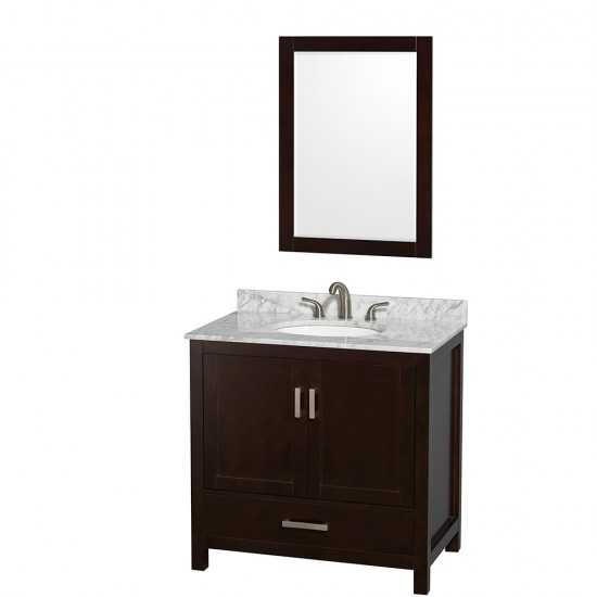 36 Inch Single Bathroom Vanity in Espresso, White Carrara Marble Countertop, Oval Sink, 24 Inch Mirror