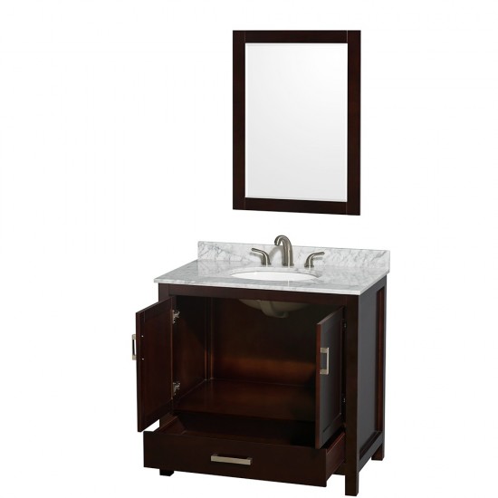 36 Inch Single Bathroom Vanity in Espresso, White Carrara Marble Countertop, Oval Sink, 24 Inch Mirror