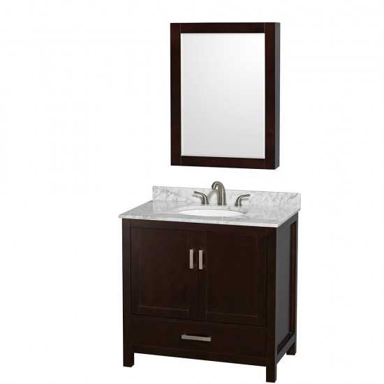 36 Inch Single Bathroom Vanity in Espresso, White Carrara Marble Countertop, Oval Sink, Medicine Cabinet