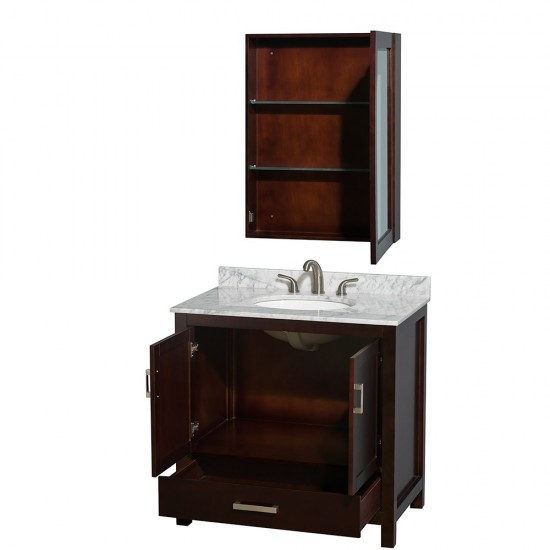 36 Inch Single Bathroom Vanity in Espresso, White Carrara Marble Countertop, Oval Sink, Medicine Cabinet