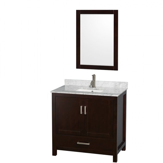 36 Inch Single Bathroom Vanity in Espresso, White Carrara Marble Countertop, Sink, 24 Inch Mirror