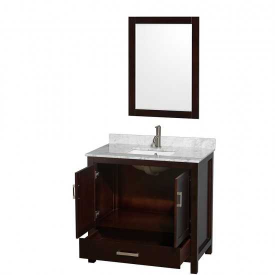 36 Inch Single Bathroom Vanity in Espresso, White Carrara Marble Countertop, Sink, 24 Inch Mirror