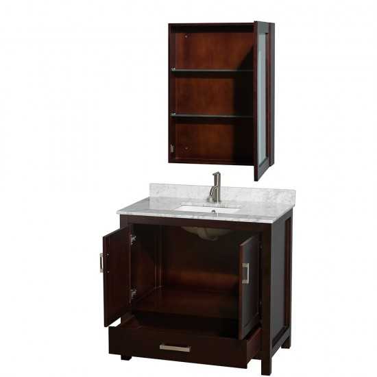 36 Inch Single Bathroom Vanity in Espresso, White Carrara Marble Countertop, Sink, Medicine Cabinet