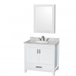 36 Inch Single Bathroom Vanity in White, White Carrara Marble Countertop, Oval Sink, Medicine Cabinet