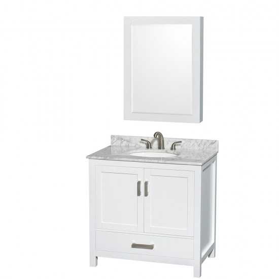 36 Inch Single Bathroom Vanity in White, White Carrara Marble Countertop, Oval Sink, Medicine Cabinet