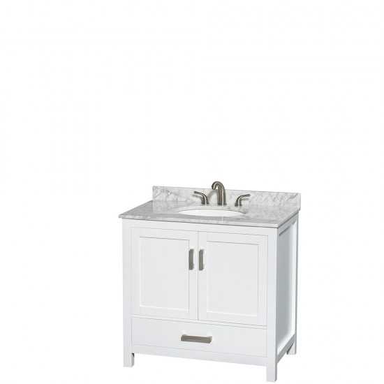 36 Inch Single Bathroom Vanity in White, White Carrara Marble Countertop, Oval Sink, Medicine Cabinet