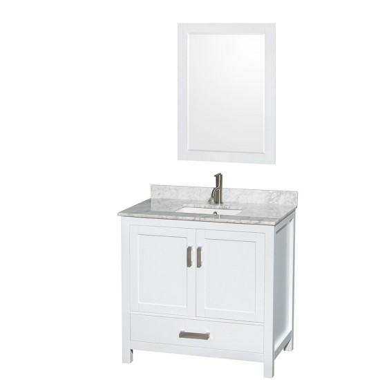 36 Inch Single Bathroom Vanity in White, White Carrara Marble Countertop, Sink, 24 Inch Mirror